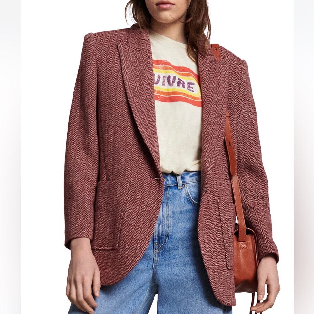 Ba&sh Ckost Herringbone Blazer Size 0 US 2 Wool Blend Single Button In Bordeaux
